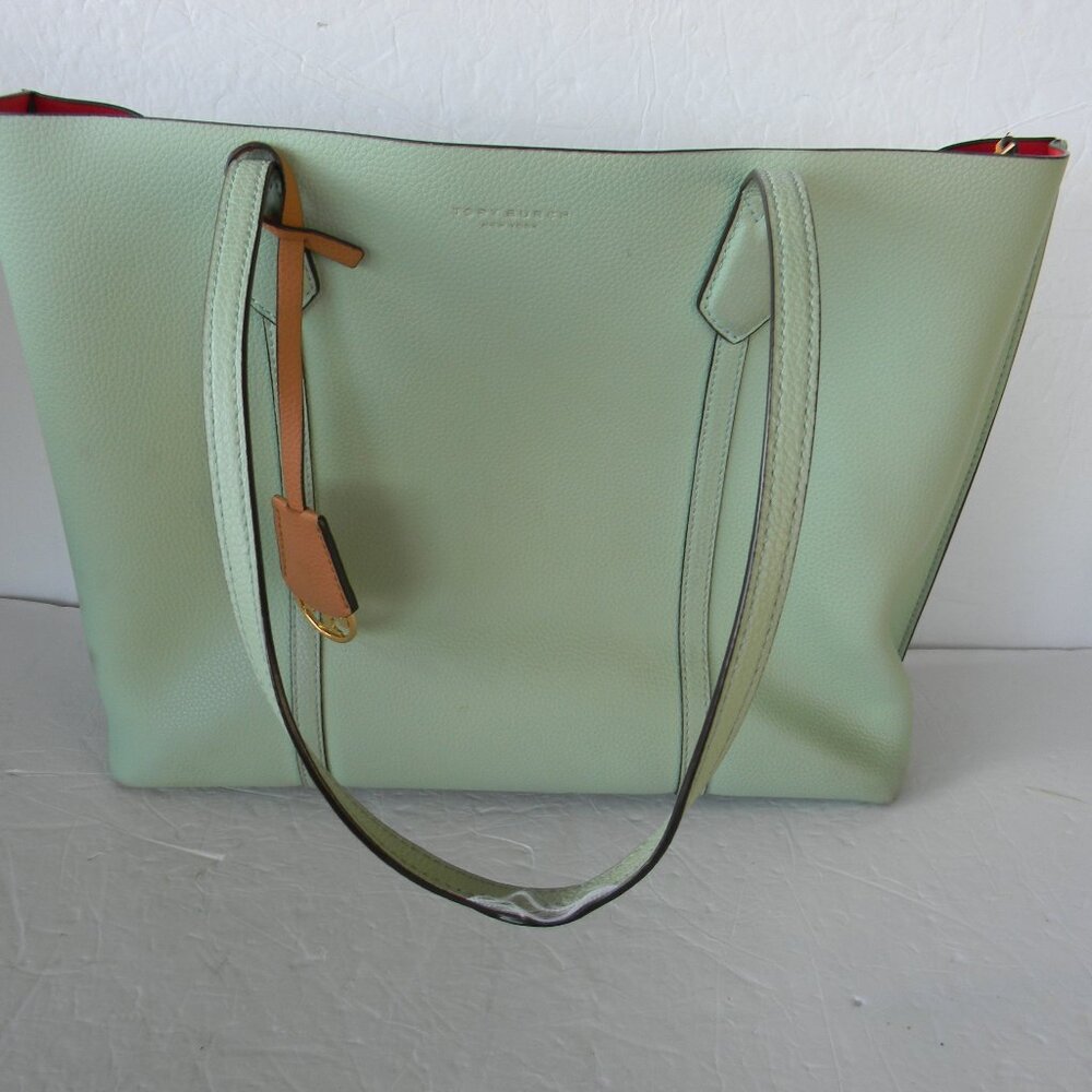 TORY BURCH PERRY TRIPLE COMPARTMENT LARGE LIGHT GREEN LEATHER TOTE